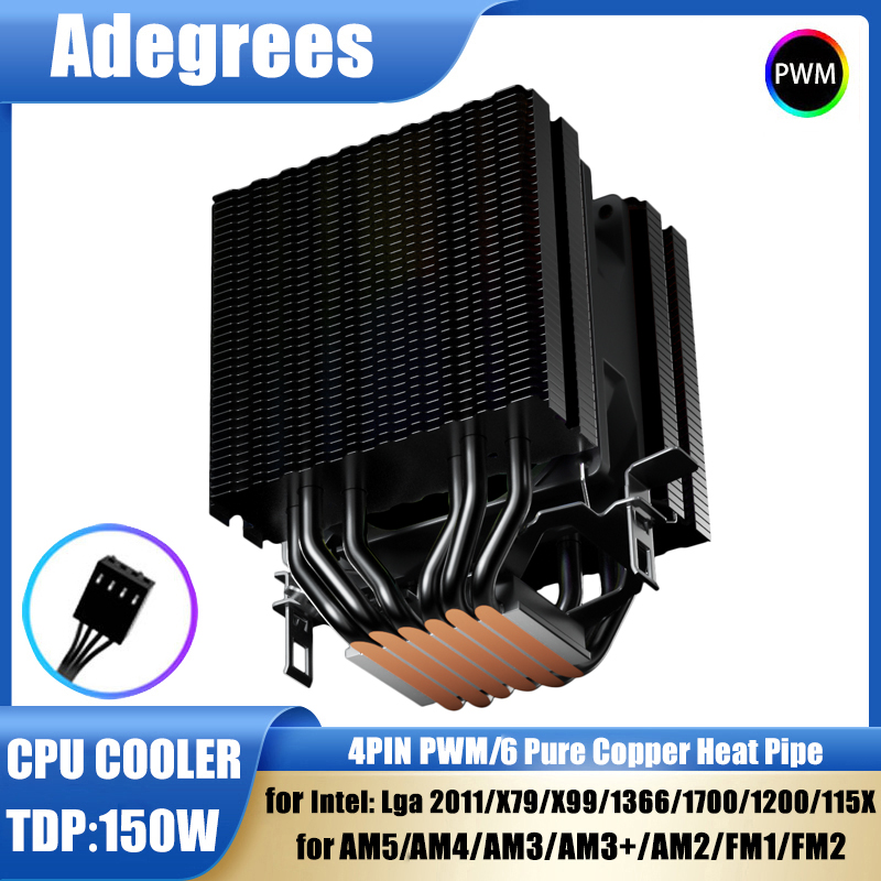 Air Cooler Cpu - 6本のヒートパイプ搭載CPU空冷クーラー、4ピンPWM RGBブラックPC冷却ファン、静音、Intel LGA 1700 2011 1200